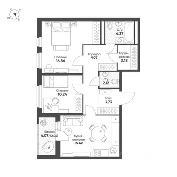2-к кв. Свердловская область, Екатеринбург Солнечный жилрайон,  (69.0 ...
